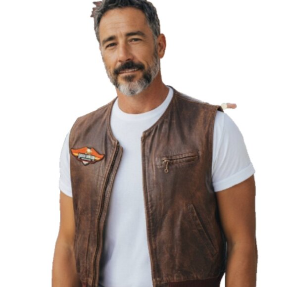 Men’s Distressed Brown Leather Vest XL Full Zip Lined Pockets Vintage w/ Patches - Picture 1 of 10